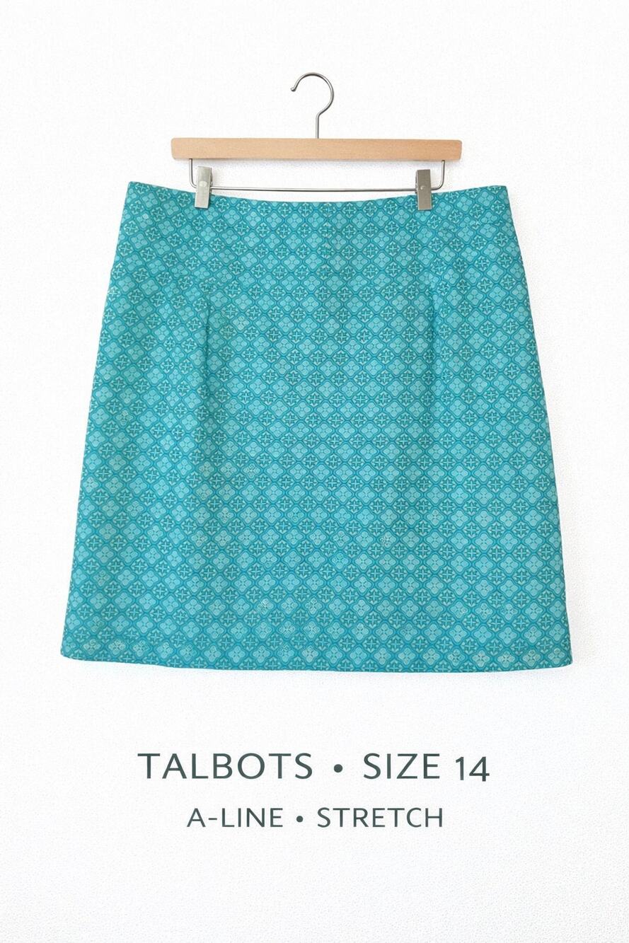 Talbots A-Line Skirt Stretch Geometric Turquoise Size 14 Lined